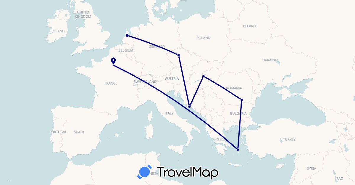 TravelMap itinerary: driving in Czech Republic, France, Greece, Croatia, Hungary, Netherlands, Romania (Europe)